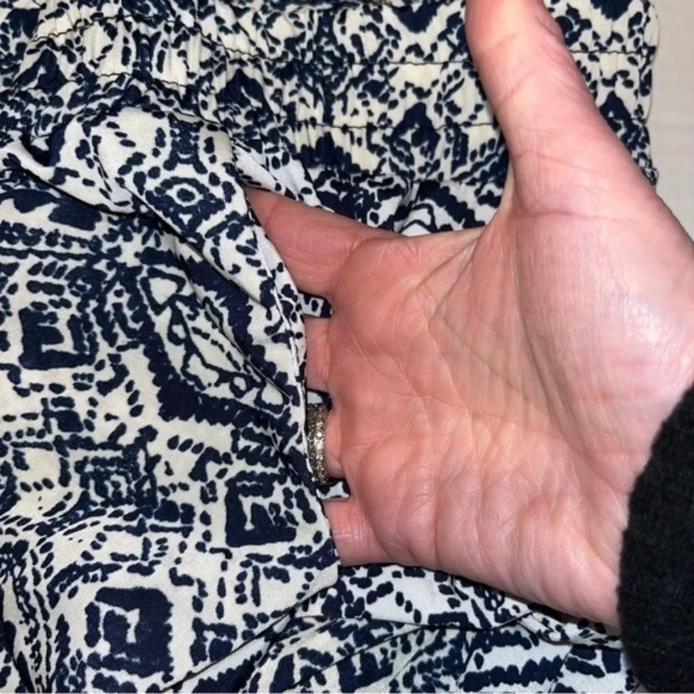 Navy Blue Geometric Diamond Print Wide Leg Pants Elastic Waist Pockets Boho #251